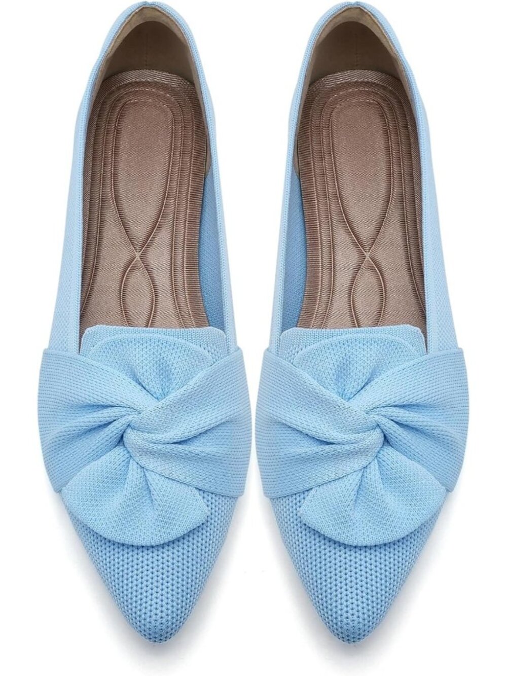 Women's Light Blue Knit Pointed Toe Cute Bow Solid Flat Comfortable Casual Shoes